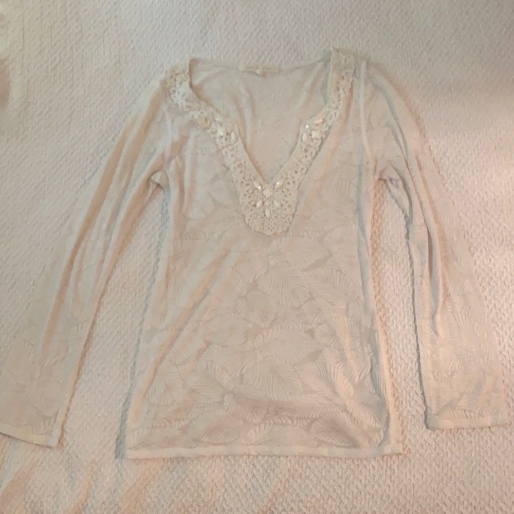 Karen Kane White Beaded Beachy Top